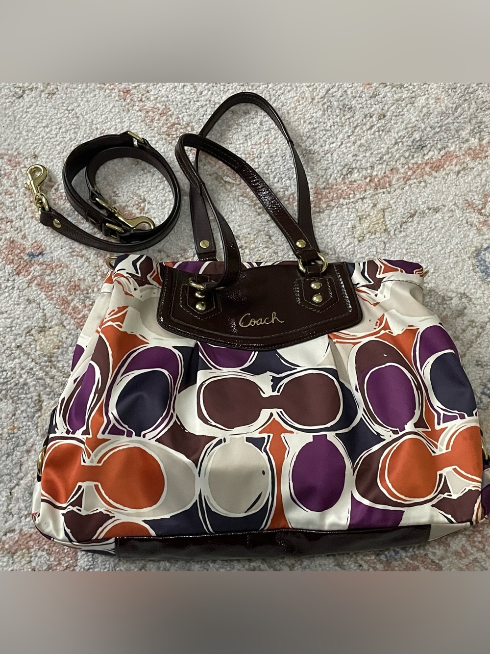 Coach Ashley Multicolor Circle-Print Tote in Purple, Orange, Cream & Brown